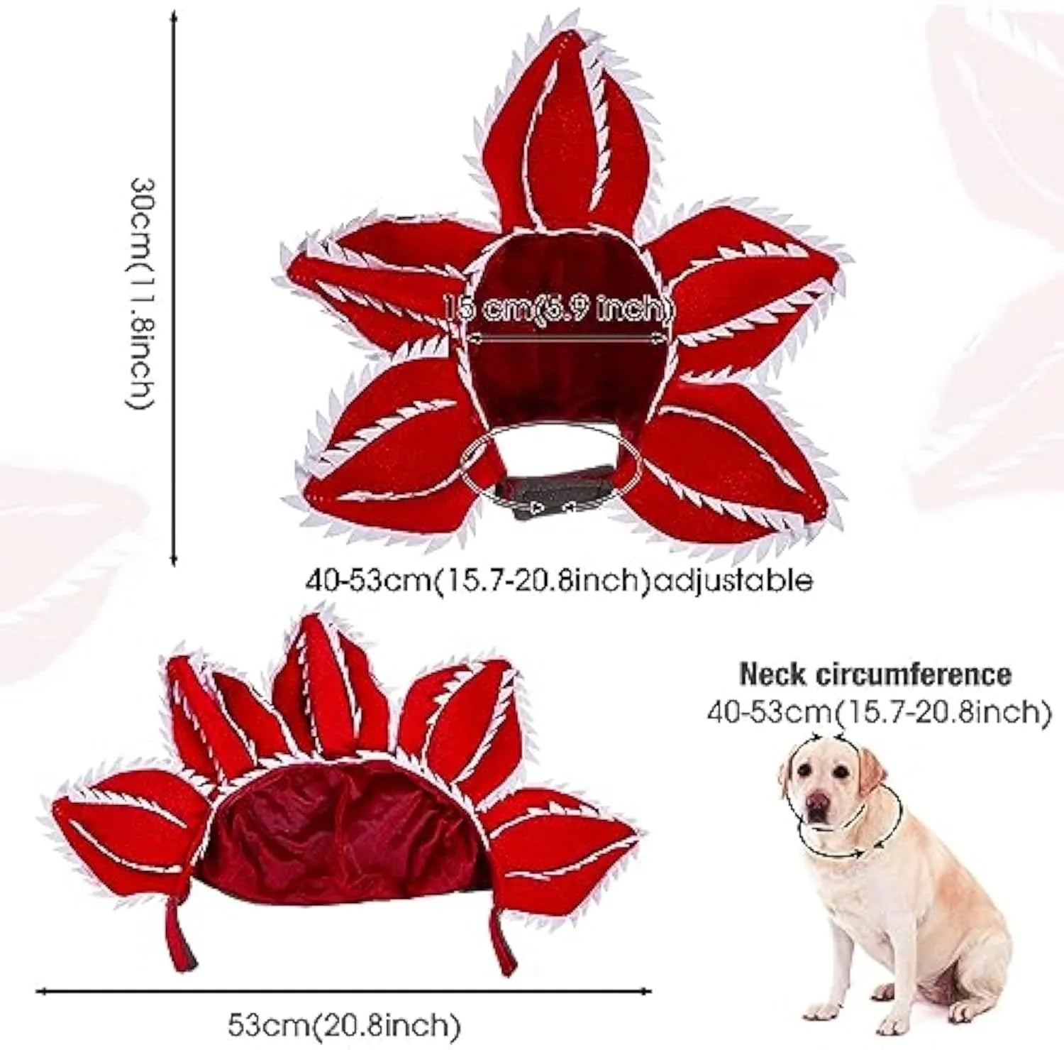 Dog wearing Halloween chomper demon costume with scary headband and flower details