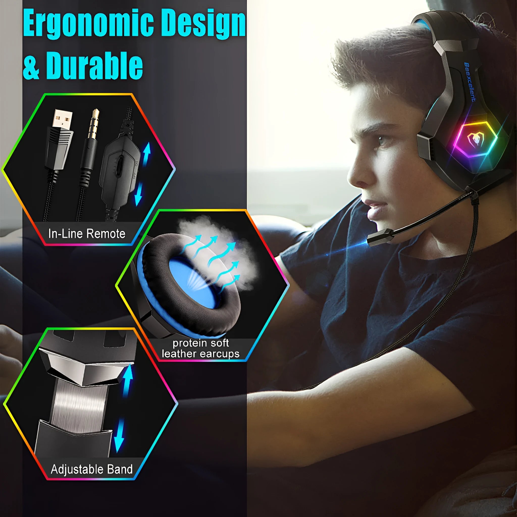 Thunder Wear gaming headset with LED lighting and omnidirectional microphone in black with coloured accents