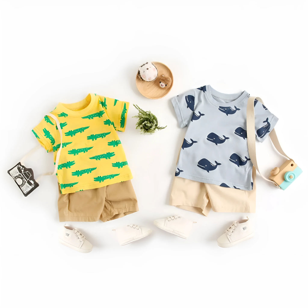 Boys cartoon animal print cotton summer suit with blue whale design, top and pants set