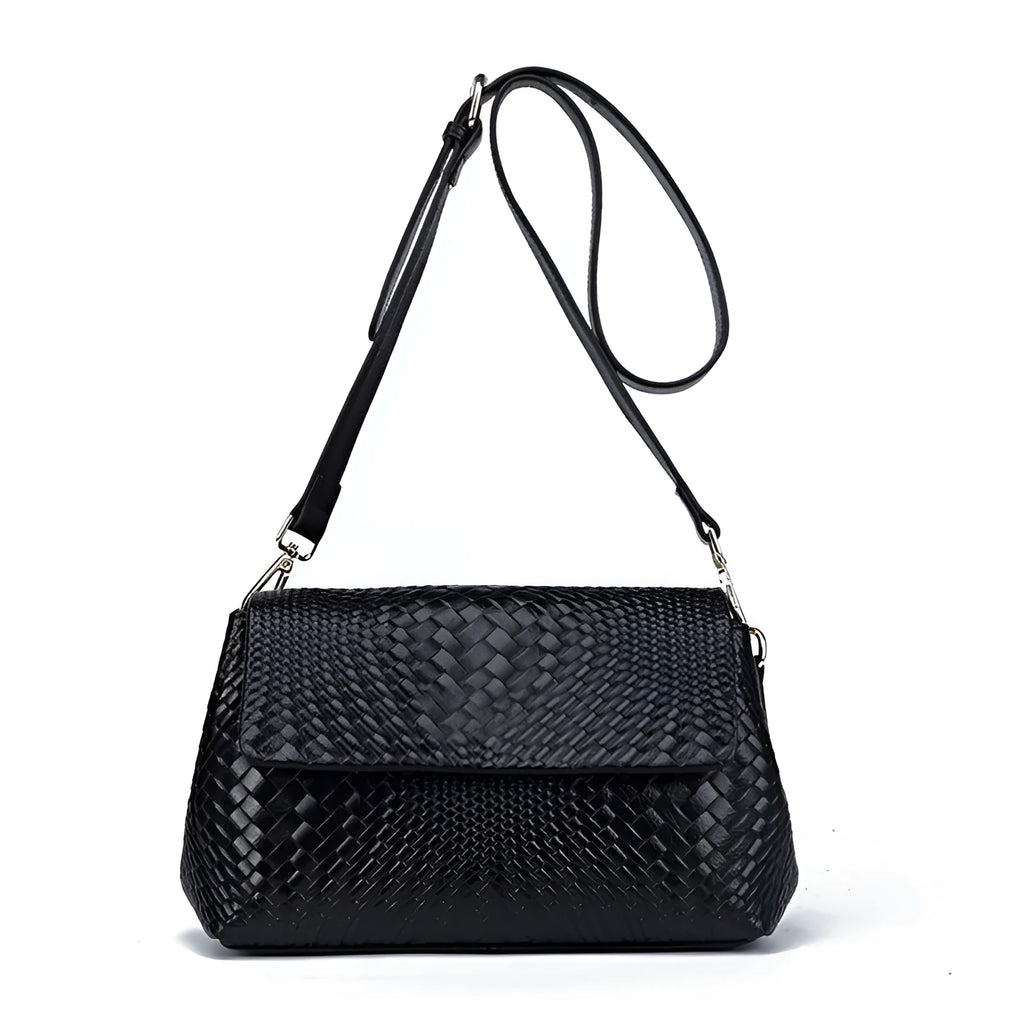 Genuine leather women's woven crossbody bag in black with embossed finish and soft handle