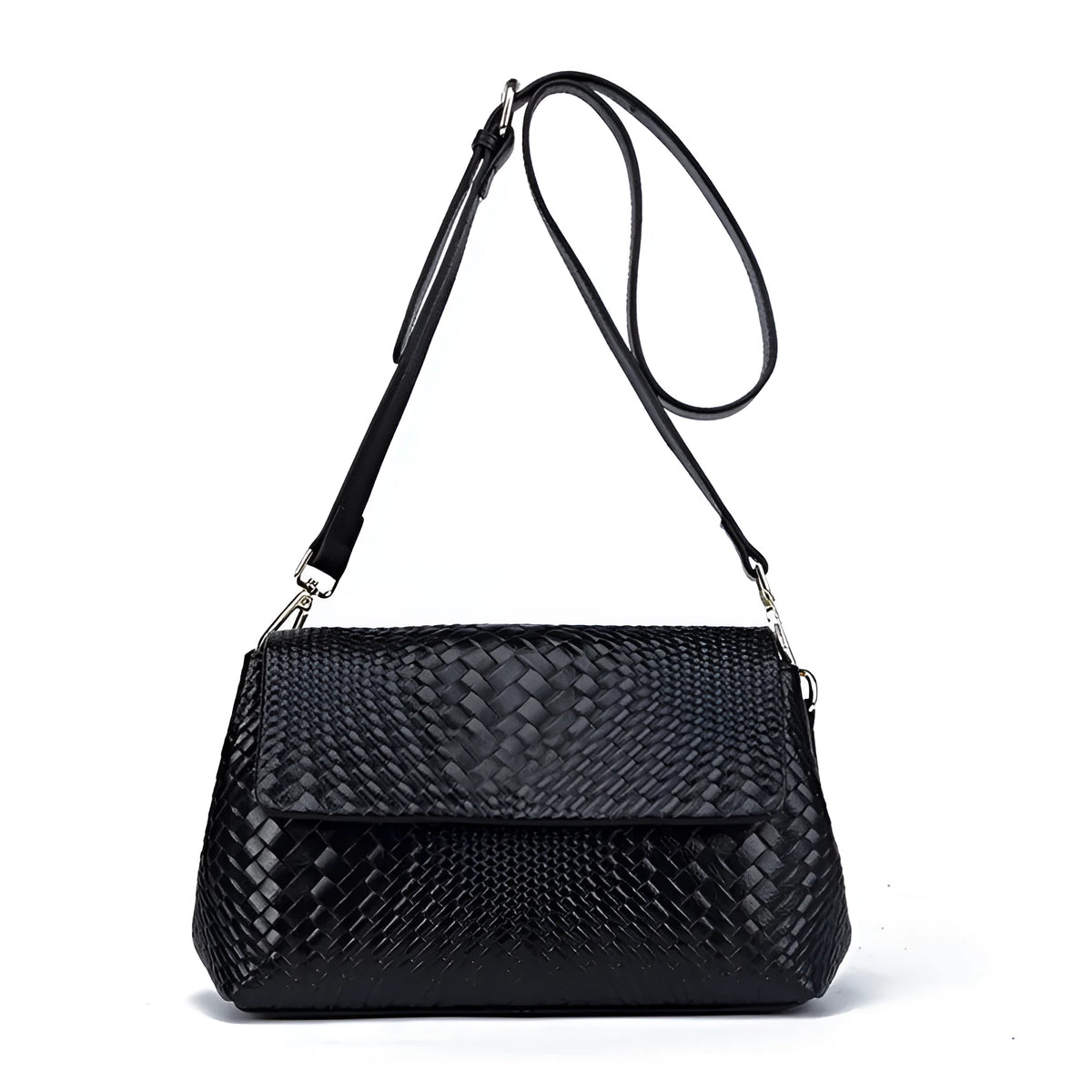 Genuine leather women's woven crossbody bag in black with embossed finish and soft handle