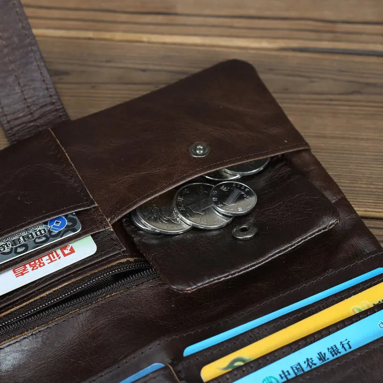 Genuine leather women's wallet in black showing vertical style with multiple card slots