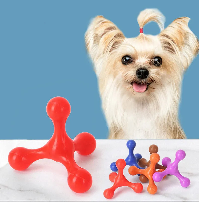 Blue silicone three-legged chew toy for puppies on a white background.