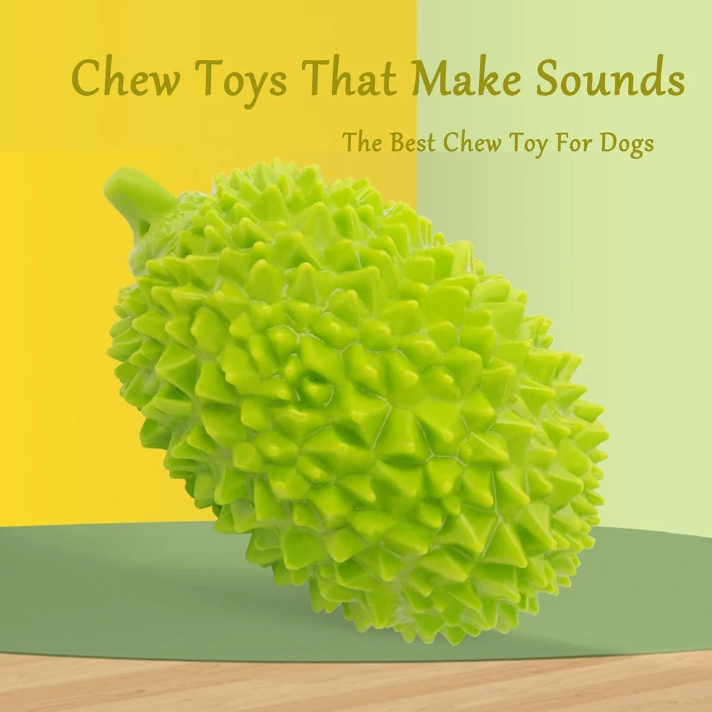 Durian-shaped dog chew toy in yellow with squeaker and tooth cleaning ridges