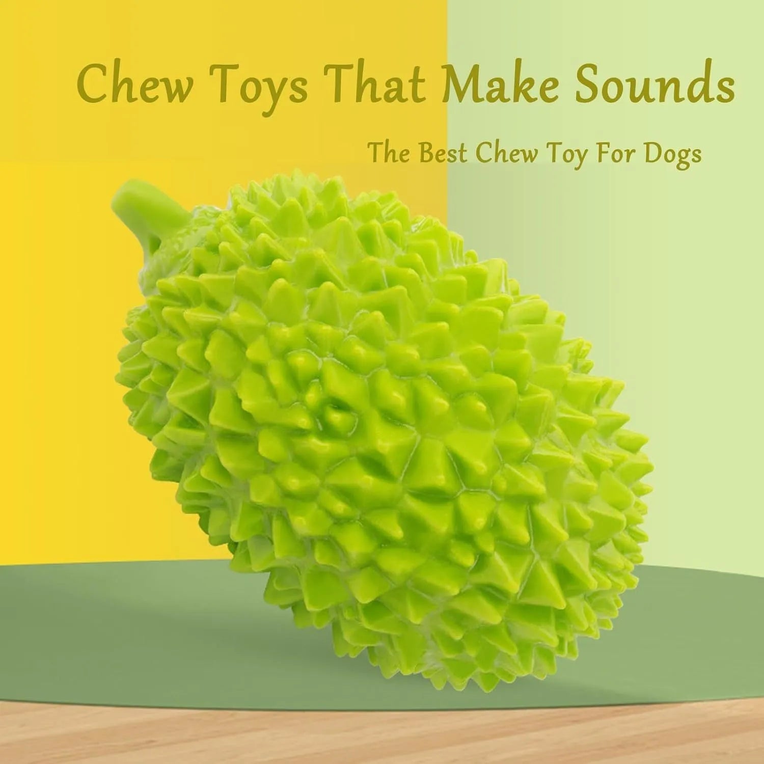 Durian-shaped dog chew toy in yellow with squeaker and tooth cleaning ridges
