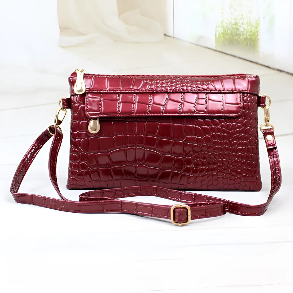 Women's soft PU leather messenger bag in horizontal square design showing black, coffee, and purplish red colour options