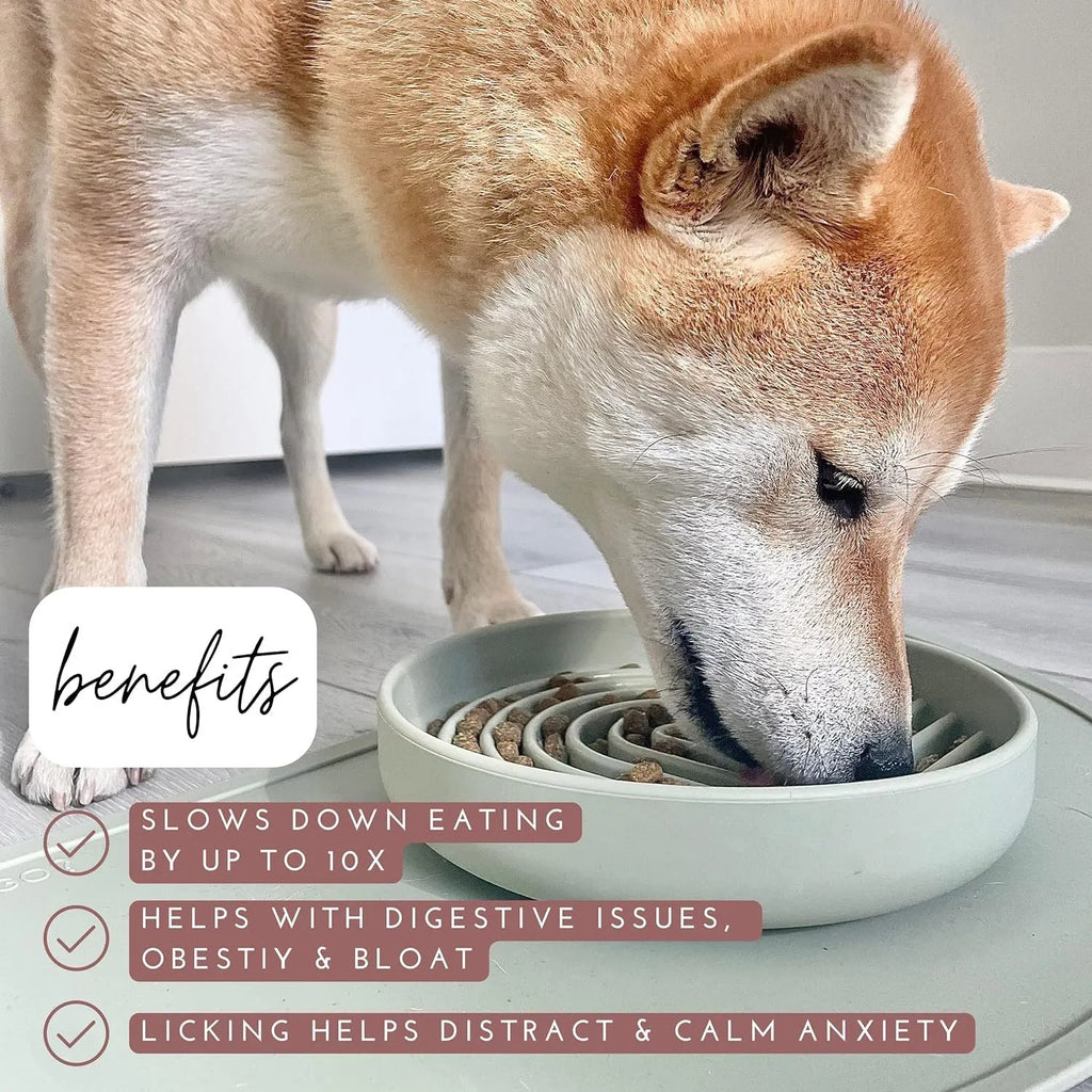 Silicone slow feeder dog bowl with ridges, shown in beige colour, measuring 19 cm.