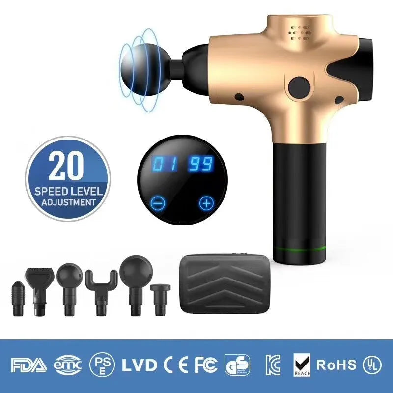 EM03 digital massage gun with LCD screen, six massage heads, and 20 speed levels in black finish