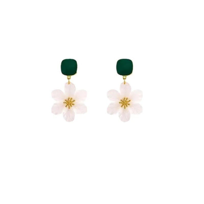 Dark green sterling silver needle flowers sweet earrings for women