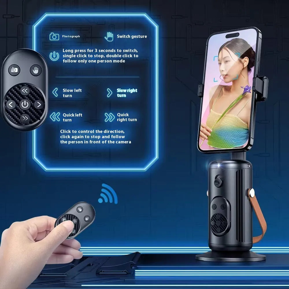 Smart AI face recognition selfie holder with Bluetooth remote on a desk, showing 360-degree rotation feature
