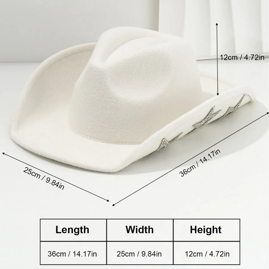 Beige polyester Western-style top hat with a conical crown and a silver hexagonal star decoration on the front.
