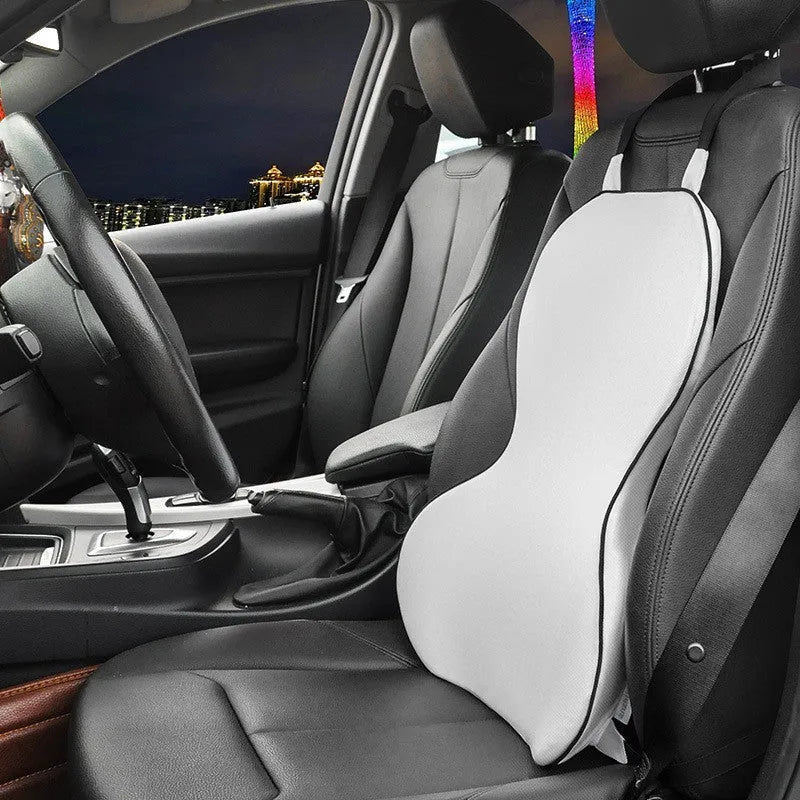 Memory cotton car cushion for lumbar support in black, coffee, grey, or off-white on a car seat.