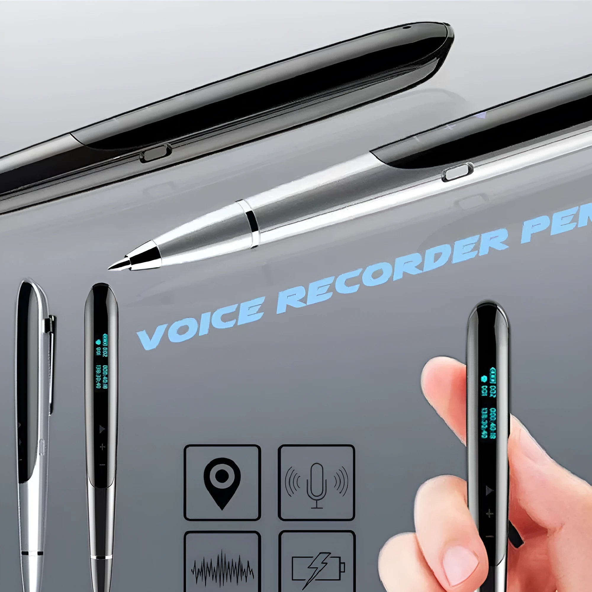 Black and silver lossless recording pen with OLED display screen on a white background