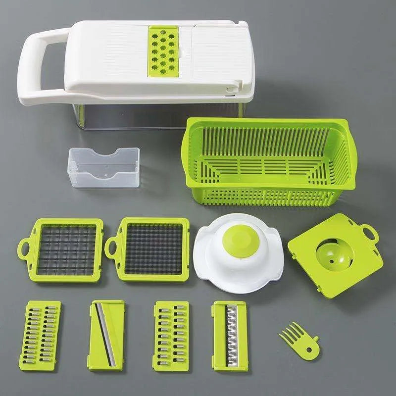 Multifunctional vegetable cutter with 7 stainless steel blades and wheat straw body in black, 31.8 cm