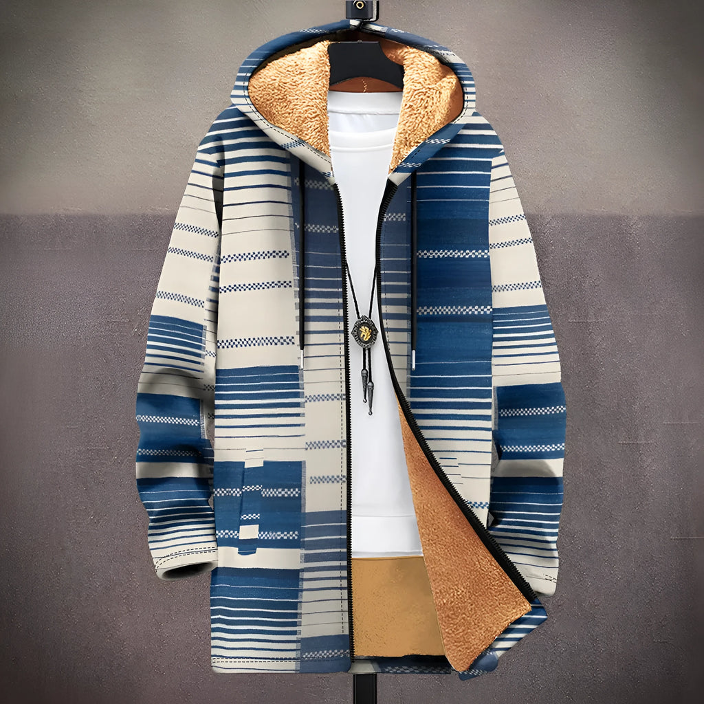 Man wearing a multicolour digitally printed hooded cardigan with a zipper front in a loose fit.