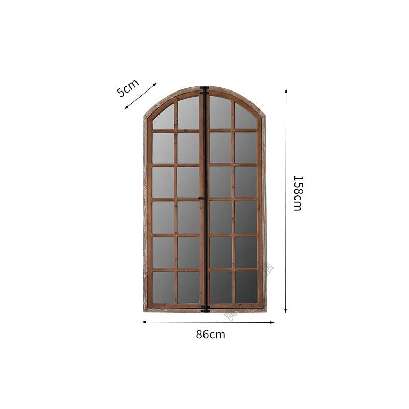 Terrace Distressed fake window wall mirror in log colour with wooden frame