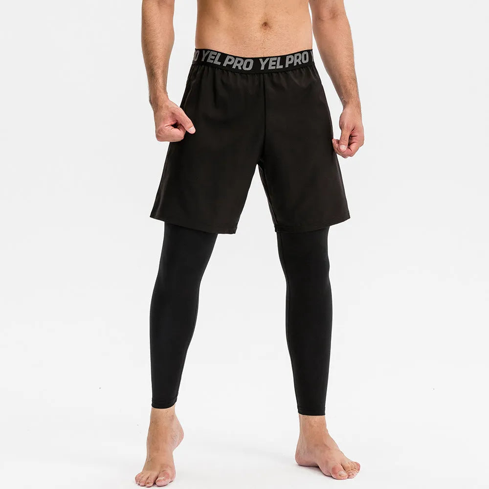 Men's grey quick-drying high elastic tight pants for running and fitness training.