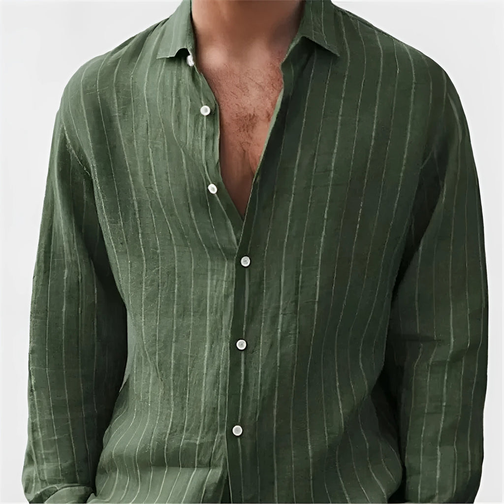 Man wearing a loose-fit striped short-sleeve cardigan-style polyester shirt for casual wear.