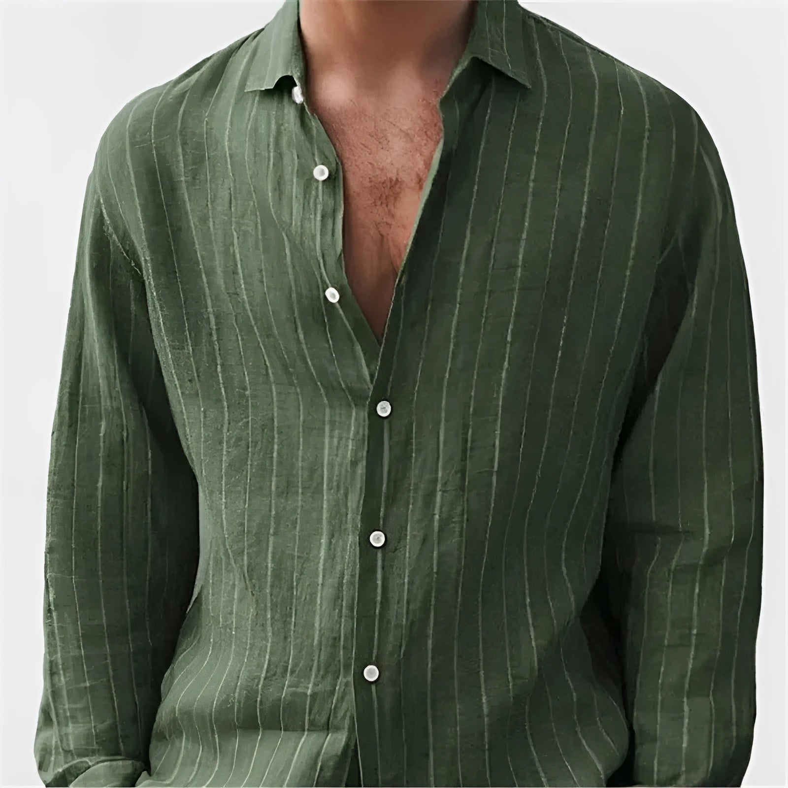Man wearing a loose-fit striped short-sleeve cardigan-style polyester shirt for casual wear.