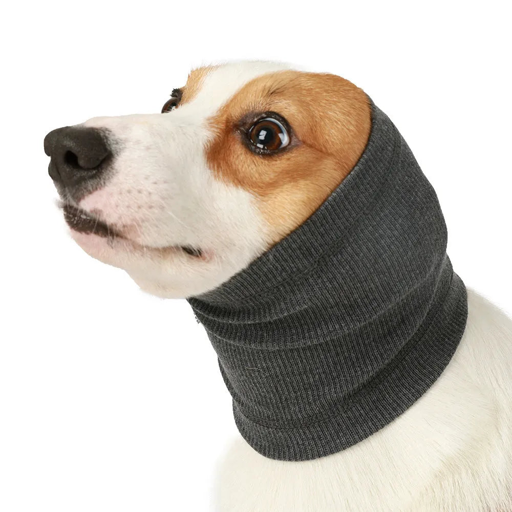 Blue and grey polyester dog headband scarf shown in small, medium and large sizes