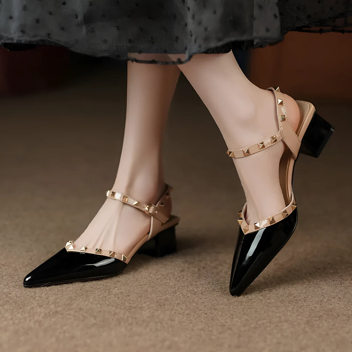 Women's fashion pointed mid heel patent leather shoes with ankle strap buckle in wine red, black, and white