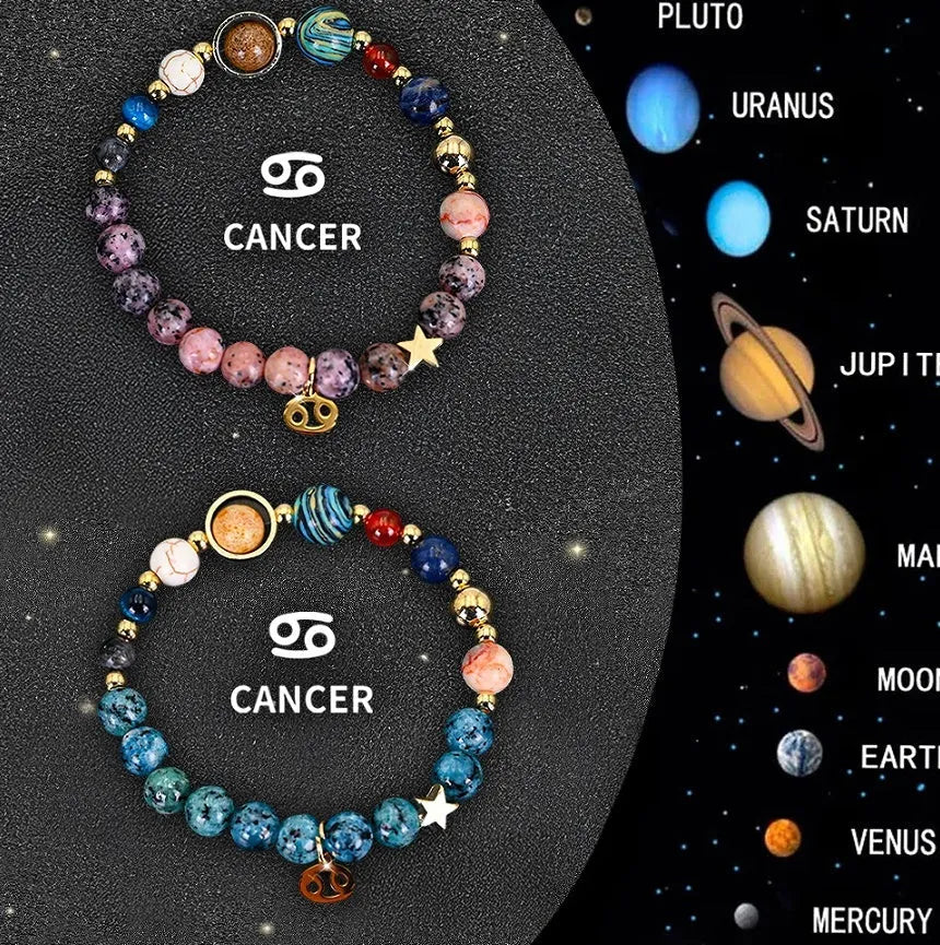 Two natural stone beaded bracelets with zodiac charms on a table.