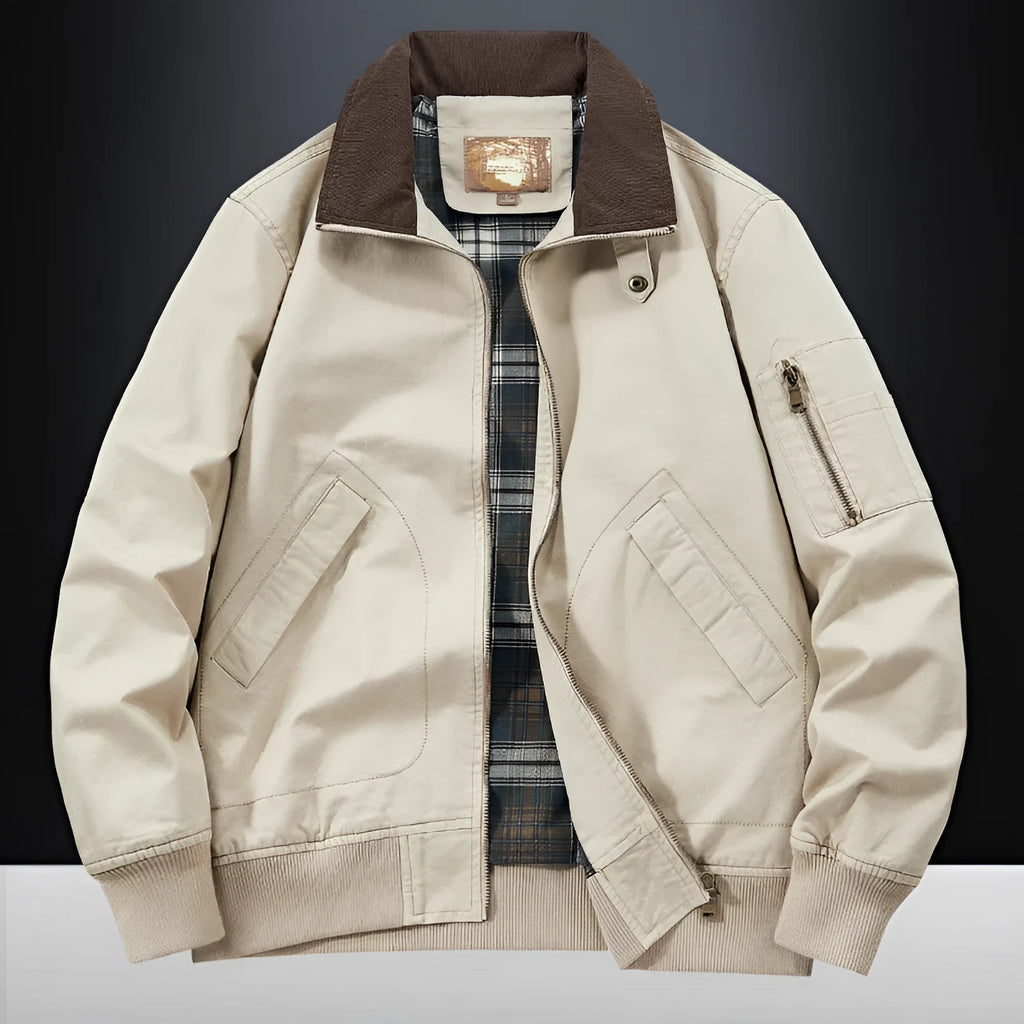 Men's plus size washed cotton baseball flight jacket in army green on a hanger.