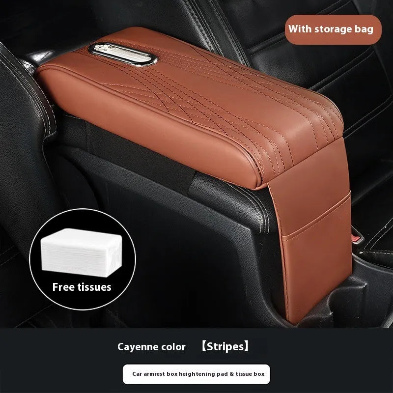 Black leather car armrest cover with angel pattern tissue pocket placed on a vehicle center console