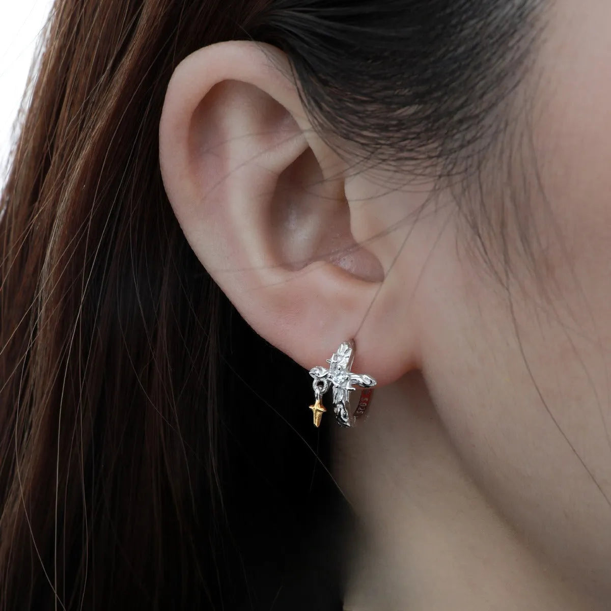 Women's 925 sterling silver geometric cross earrings with white gold colour electroplated finish