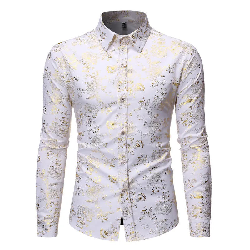 Men's casual cardigan-style shirt with metal bronzing digital print on the lapel, made from elastic polyester fabric.