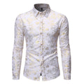 Men's casual cardigan-style shirt with metal bronzing digital print on the lapel, made from elastic polyester fabric.