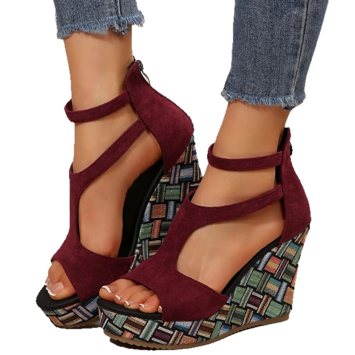 Women's cream white thick-soled ankle-strap buckle sandals with cloth upper and rubber sole.