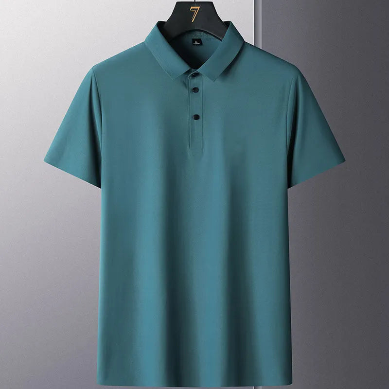 Non-ironing business casual solid colour men's short sleeve nylon shirt in navy blue, front view