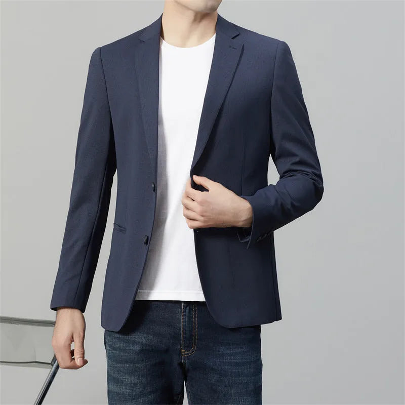 Long sleeve slim fit casual suit jacket in blue for youth leisure wear with nylon fabric and polyester lining