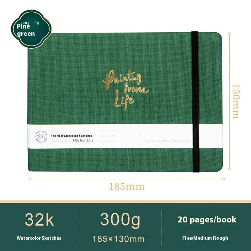 Feiluniao handmade fabric watercolour notebook with illustrated cover, open to show blank paper pages.