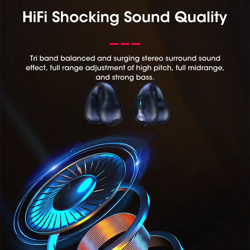 Bone conduction Bluetooth headset clip in black, white, or khaki colours showing ear-clip design