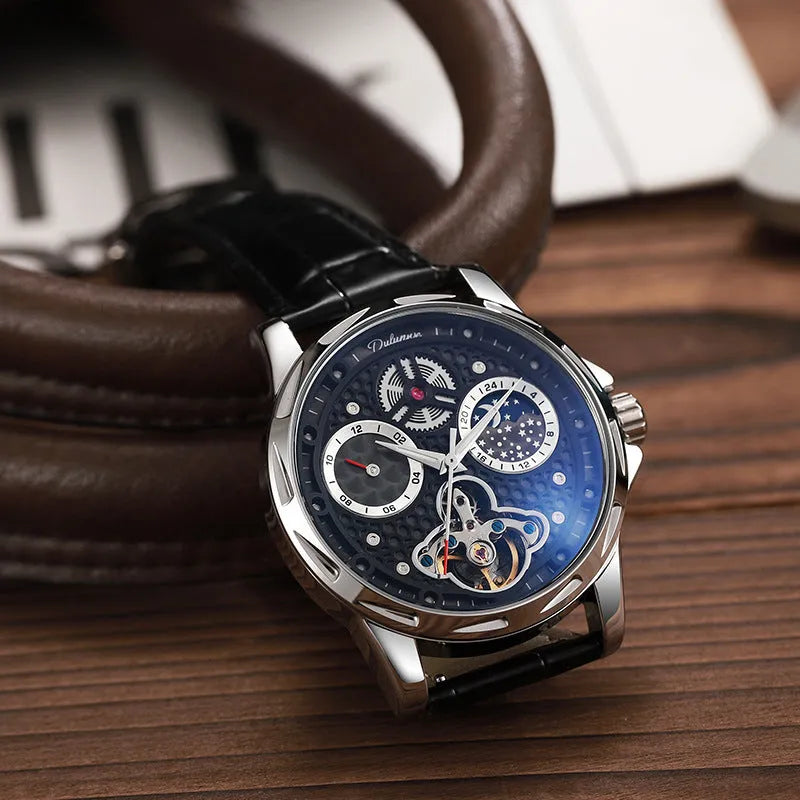 Men's automatic waterproof watch with luminous hands on a black dial with steel bracelet.