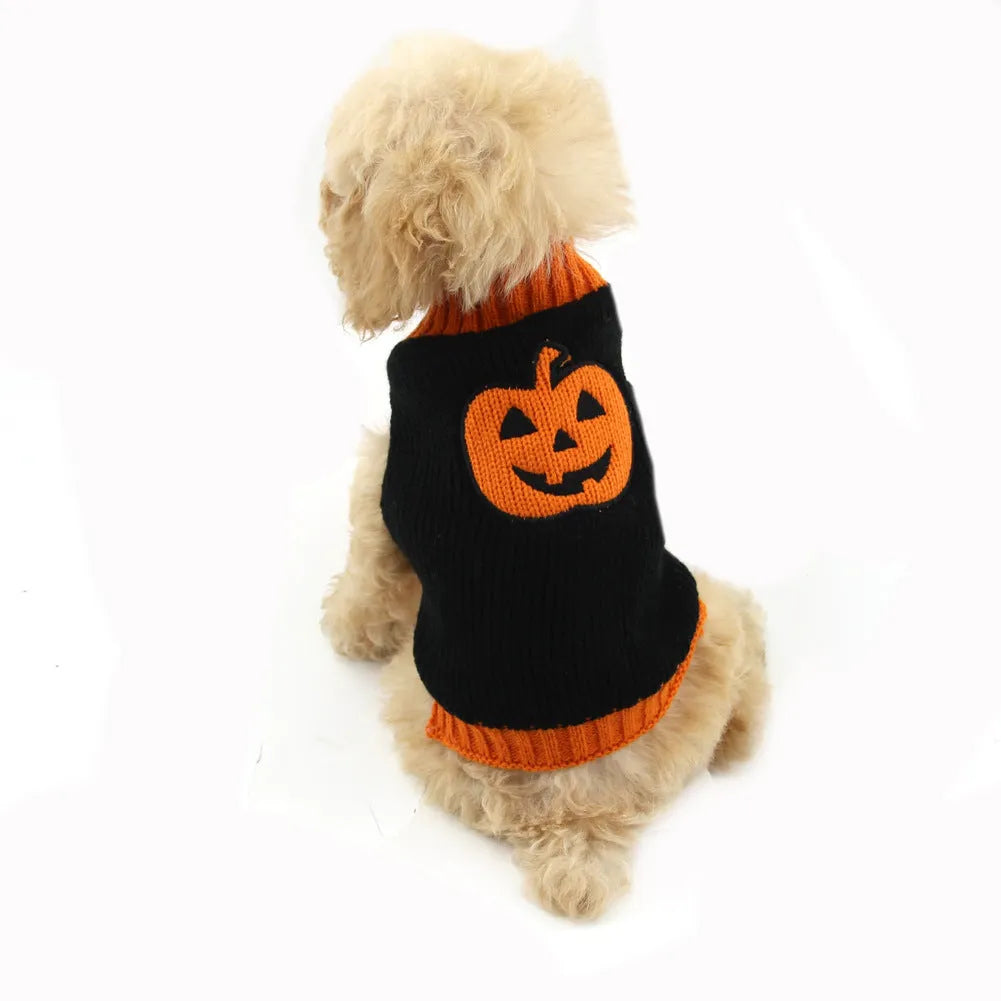 Knitted pumpkin dog sweater in orange black colour on a small dog, shown with measured sizing from XXS to 2XL