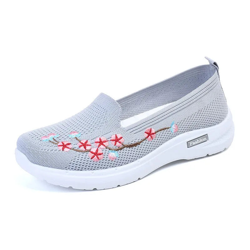 Women's embroidered woven casual pump in wine red with flat low heel and anti-slip sole