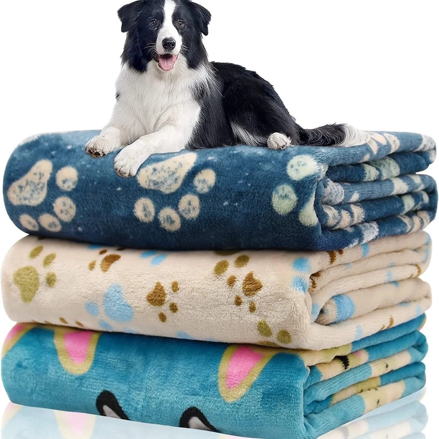 Blue Dog pattern double-sided flannel pet blanket folded to show size and cartoon design.