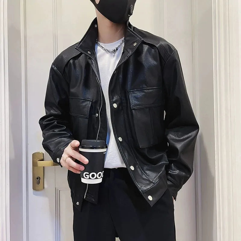 Men's black Korean style PU leather jacket with straight hem design