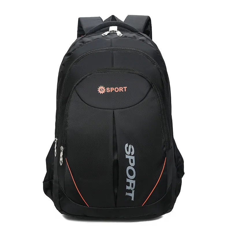 Large capacity men's nylon backpack with curved shoulder straps in black colour showing letter print detail