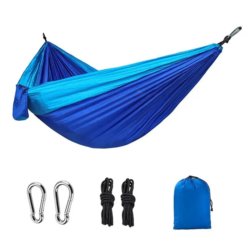 Outdoor camping hammock made of nylon spinning fabric in 270x140cm size, blue grey colour, with 300kg max load
