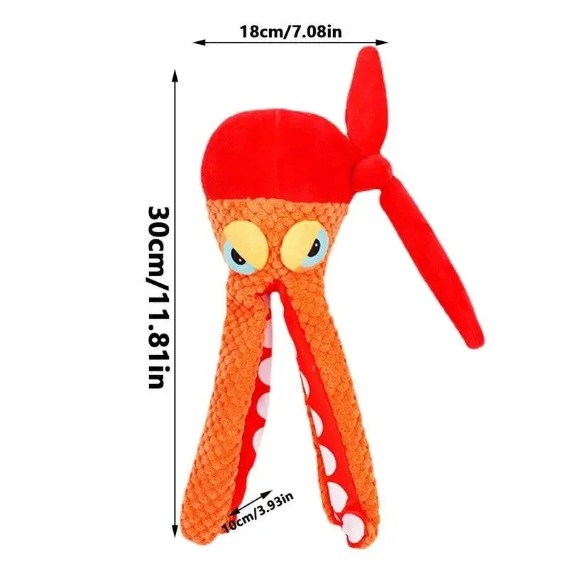 Orange octopus plush dog toy with dental cleaning texture and tentacle design