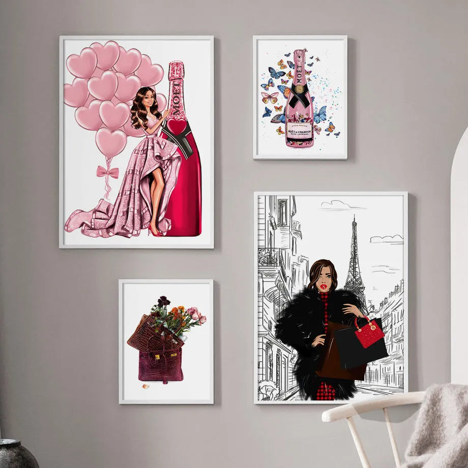 Modern cartoon canvas print wall art featuring a fashion bag girl with balloons and champagne.