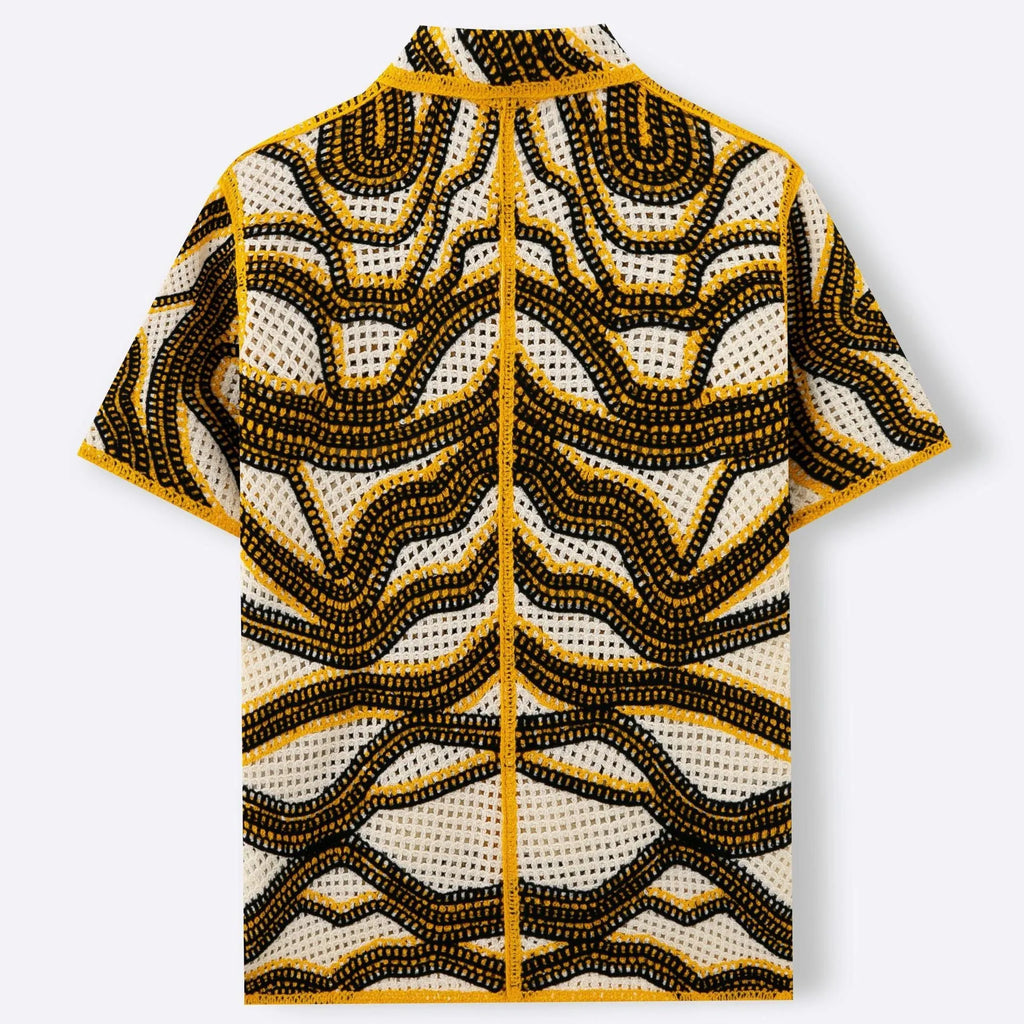 Khaki striped short sleeve cardigan with crochet flocking detail