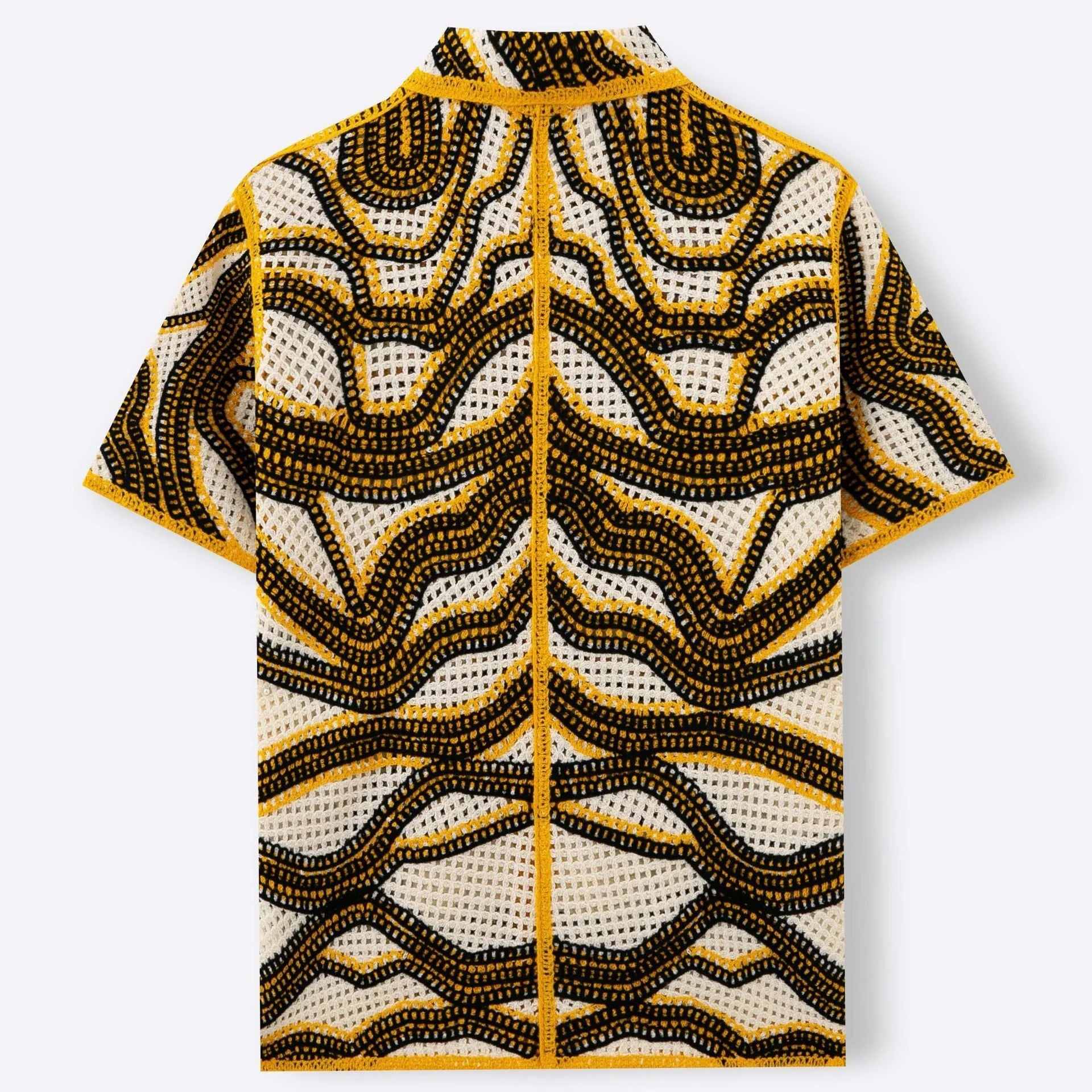 Khaki striped short sleeve cardigan with crochet flocking detail