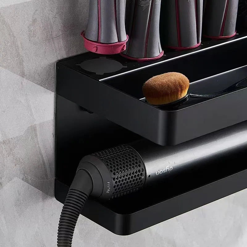 White double-layer aluminum bathroom storage rack with Marcel wave curlers organised on adhesive-mounted wall unit