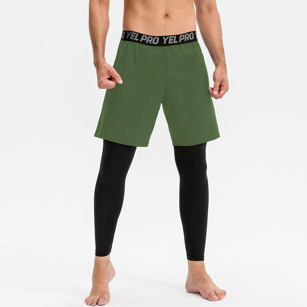 Men's grey quick-drying high elastic tight pants for running and fitness training.