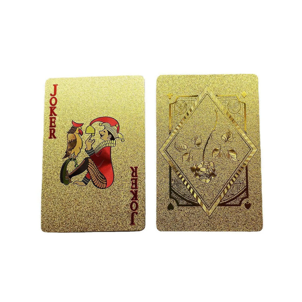Gold foil playing cards with black rose design, 57x87mm size, metallic finish